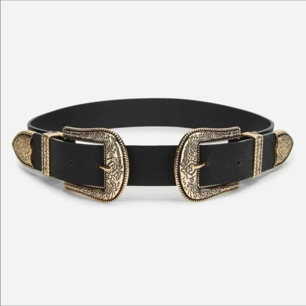 Double buckle belt western boho black gold